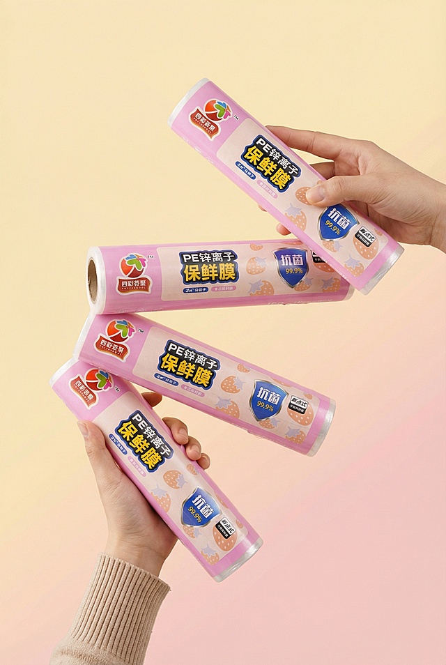 四彩荟聚保鲜膜品牌极简产品展示风格商业海报，使用参考图1的产品，参考图2的结构，四根保鲜膜按从右上到左下的对角线构图排列，形成富有动感的视觉流向。左手从画面下方伸入，手腕处可见米色针织毛衣的罗纹纹理，手指握住最下方的保鲜膜。右手从画面右上方伸入，手指捏住最上方的保鲜膜与第二根保鲜膜。四根保鲜膜均保持参考图样式不变，形状大小图案文字不变。背景为统一干净的浅黄浅粉渐变哑光纯色背景，无多余纹理与图层叠加，干净底色突出主体，形成强烈正负形对比。对角线动感布局，清新健康的商业宣传氛围，光线柔和均匀，高清分辨率，8K，专业品质。