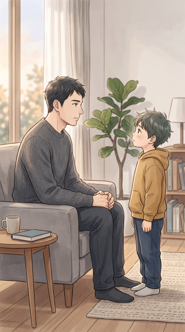 竖屏9:16，治愈系漫画插画风，客厅安静场景，爸爸坐着神情稍微严肃但克制，孩子站在旁边试探地看着他，父子之间保留一点距离，气氛安静，暖灰色柔和光线，人物情绪细腻，侧面中近景构图，画面干净，体现情绪稳定预览效果