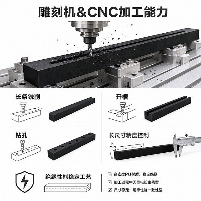 [主图-4] 主题：雕刻机&CNC加工能力图。唯一任务：展示长条铣削、开槽、钻孔与长尺寸精度控制能力，以及绝缘性能稳定工艺，证明加工实力。
[统一基调] 白底工业主图风，纯白色背景，深灰色文字，清晰端正无衬线字体，字体不变形不拉伸不压扁，工业简洁专业感。
[画面] 画面中心或偏上位置展示CNC雕刻机加工实心黑色条状PU工件的场景示意图或产品+刀具组合，铣刀正在长条PU上进行铣削加工，切屑飞溅，体现长条铣削工艺。画面下方或四周分布四个加工能力展示模块：长条铣削（配长条状铣削加工后的PU条示意图）、开槽（配带凹槽截面的PU条示意图）、钻孔（配带均匀孔位的PU条示意图）、长尺寸精度控制（配卡尺测量长PU条尺寸的示意图）。右下角或底部补充"绝缘性能稳定工艺"的说明。整体构图以加工场景为主视觉，四周分布能力点说明，层次清晰。
[光影质感] 工业产品摄影+示意图结合的风格，主体PU零件和加工场景有真实光影质感，示意图为简约线面风格，整体协调统一，专业感强。
[配色] 纯白色背景，实心黑色PU零件，加工设备和刀具为金属灰调，文字和示意图标全部为深灰色(#333333)，整体黑白灰工业配色。
[文字版式] 顶部有深灰色粗体无衬线主标题"雕刻机&CNC加工能力"。四个能力点名称"长条铣削""开槽""钻孔""长尺寸精度控制"为深灰色粗体无衬线字体，配对应示意图标。底部补充文字"绝缘性能稳定工艺"为深灰色无衬线字体。所有文字清晰端正不变形，横排排列。画面仅出现以上指定文字，不出现任何额外文字、水印或logo。
[输出要求] 1:1正方形，2048*2048像素，加工能力展示清晰，产品细节准确，文字全部清晰可读，工业专业感强。负向：变形、错字、模糊、杂乱、水印、logo、多余文字、加工场景不真实、结构错误。