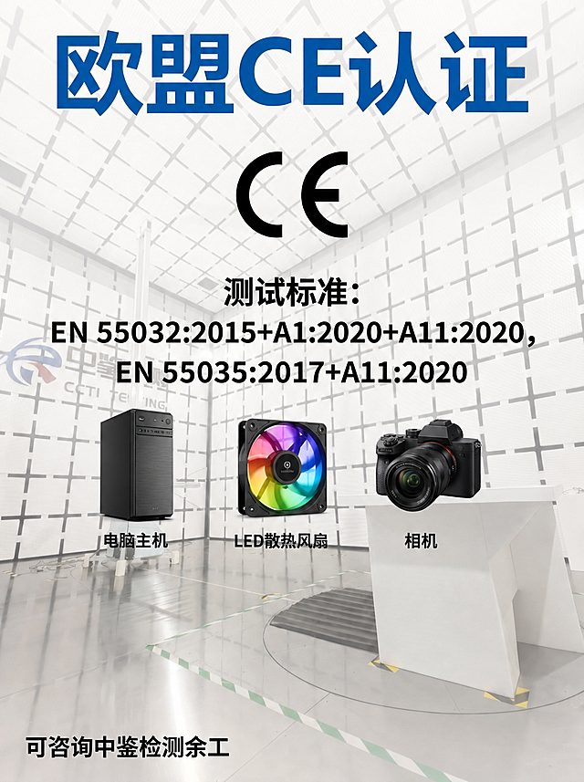 在原图的基础上，在文字 EN 55035:2017+A11:2020 下方的空白区域，横向添加三张电子产品图片，分别是电脑主机图片、LED散热风扇图片、相机图片，每张图片下方对应添加文字标注“电脑主机”“LED散热风扇”“相机”，保持原图的其余内容和风格不变