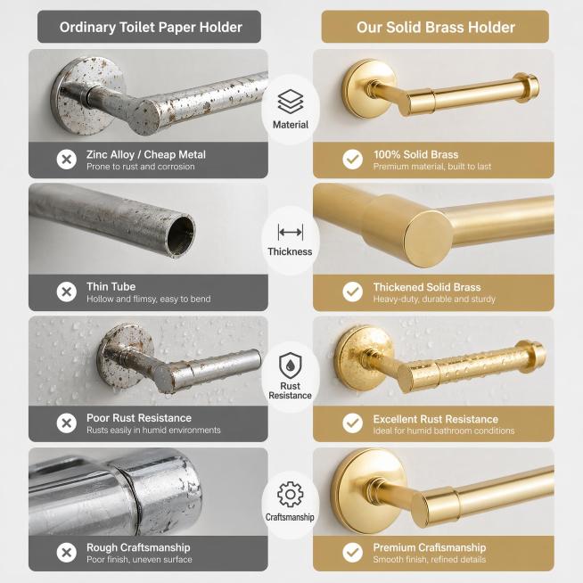 [主图 7] 竞品对比图，采用2列3行对比网格。左列标注"Ordinary Toilet Paper Holder"，右列标注"Our Solid Brass Holder"，每行对比一个维度，分别为预览效果