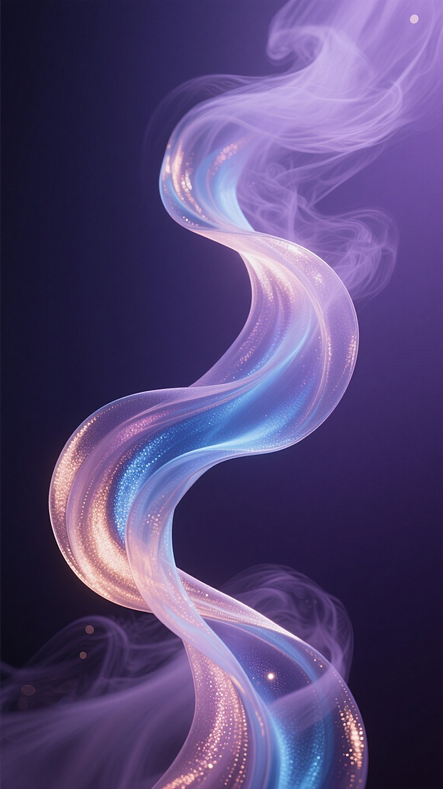 抽象艺术风格，画面以深邃的暗紫色为背景，中央是一条蜿蜒流动的半透明丝绸，丝绸呈现出渐变的宝石蓝与玫瑰金交织的色彩，表面带有细腻的珠光纹理，轻盈飘逸的形态如同被微风拂动，周围环绕着柔和弥散的浅紫色烟雾，烟雾边缘朦胧虚化，整体光影柔和，高光处有细微的光斑闪烁，营造出神秘而优雅的氛围，构图采用竖版S形曲线布局，视觉引导线流畅自然，背景与主体色彩形成冷暖对比，增强画面层次感。
