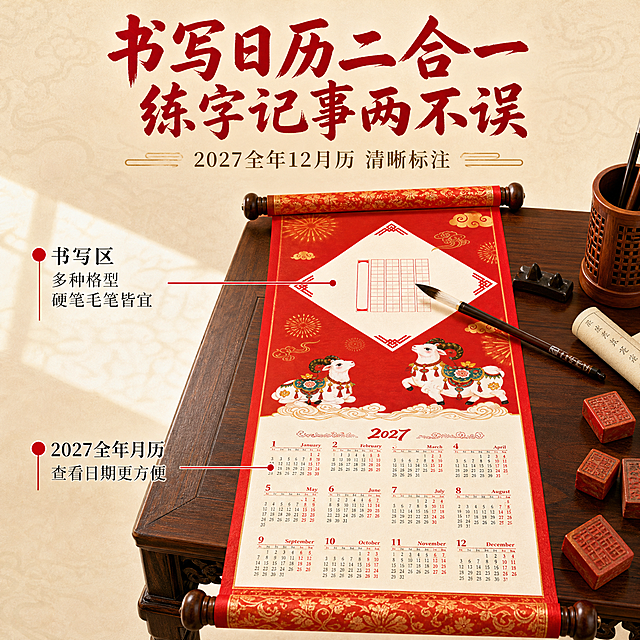 [主图-2] 2027羊年国风书法日历长卷 核心卖点证明 书写+日历二合一功能展示。
[统一基调] 国风喜庆红金配色 中国红为主色 金色为辅色 米白为文字底色 主标题用粗黑体书法风大字 副标题用宋体 整体专业品质感 淘宝天猫风格。
[画面] 画面主体为一幅展开的福运长款日历长卷 平放在中式红木书桌上 长卷上半部分展示菱形方格书写区 有一支毛笔正放在书写格旁 笔尖蘸墨 下半部分清晰展示2027全年月历布局 12个月份整齐排列 日期数字清晰可见 长卷左右两侧有红色卷轴轴头 桌面散落几枚红色印章和一张宣纸 背景为浅米色带暗纹 产品占画面约70% 上方有大标题 左侧有功能标注引线。
[光影质感] 俯视45度角 自然光从左上方照射 纸张纹理清晰 毛笔有真实质感 桌面有柔和阴影 整体温暖明亮 商业摄影质感。
[配色] 主色中国红 辅助色金色 木色桌面 米白背景 墨色毛笔 整体暖色调 书写场景真实自然。
[文字版式] 画面顶部居中主标题"书写日历二合一 练字记事两不误" 红色粗体大字 下方小字"2027全年12月历 清晰标注" 金色 左侧用引线标注两个功能点 上方引线指向书写格 文字"书写区 多种格型 硬笔毛笔皆宜" 下方引线指向月历 文字"2027全年月历 查看日期更方便" 文字均为黑色宋体 配红色小圆点标注。
[输出要求] 比例1:1 文字清晰 产品清晰 无变形 无错字 无模糊 无杂乱 无水印 无平台Logo 禁止出现极限词。