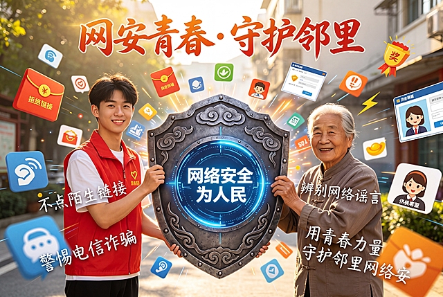 基于原图修改，保留大学生志愿者和老年居民共同持盾的校园社区联动场景，标题保留"网安青春·守护邻里"，盾牌保留"网络安全为人民"。必须清晰添加手写风格的文字：警惕电信诈骗、不点陌生链接、辨别网络谣言、保护个人隐私、用青春力量守护邻里网络安。设计理念为大学生返乡进社区开展网络安全宣传，共建平安清朗的数字社区。降低AI质感，文字清晰自然贴近真实手绘效果，保留贴近日常的常用生活APP图标，确保无侵权内容，整体适配网安青春大赛。