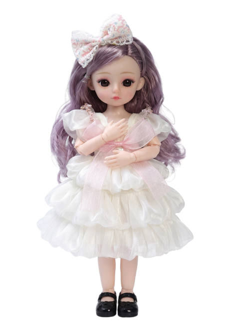 根据参考图生成一个一模一样的玩偶洋娃娃，改变娃娃动作让娃娃站立，双手放在胸前，右手叠在左手上。背景为纯白色，自然光照，风格写实预览效果