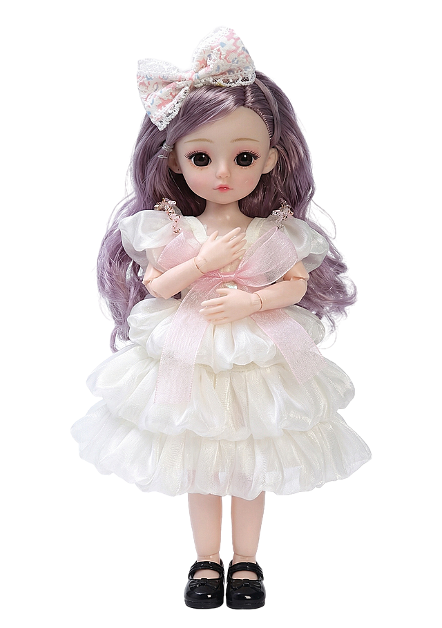 根据参考图生成一个一模一样的玩偶洋娃娃，改变娃娃动作让娃娃站立，双手放在胸前，右手叠在左手上。背景为纯白色，自然光照，风格写实