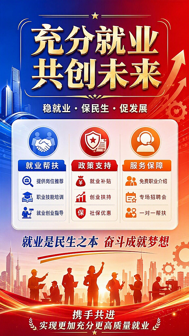 一张充分就业宣传竖版海报，9:16比例，政府公益宣传风格，蓝红渐变主色调，正式大气积极向上。背景为蓝色到红色的渐变，点缀城市建筑、人物工作场景剪影、向上箭头、齿轮等元素，营造蓬勃发展的就业氛围。画面顶部居中大字号主标题："充分就业 共创未来"，字体庄重有力，带金色装饰线条。主标题下方副标题："稳就业 · 保民生 · 促发展"。中间区域为核心宣传内容，白色半透明圆角大卡片，卡片内分三个板块：第一板块标题"就业帮扶"，配图标，内容："提供岗位推荐 职业技能培训 就业创业指导"；第二板块标题"政策支持"，配图标，内容："就业补贴 创业扶持 社保优惠"；第三板块标题"服务保障"，配图标，内容："免费职业介绍 专场招聘会 一对一帮扶"。三个板块横向或纵向排列，信息清晰。卡片下方一行大字标语："就业是民生之本 奋斗成就梦想"。底部区域标注"携手共进 实现更加充分更高质量就业"。整体版式精美，信息分区清晰，层级分明，四周留有安全边距，文字清晰可读，正式庄重。画面中所有信息区域必须填充完整合理的内容，不得出现空白框或待填写区域。画面中所有数字必须精确渲染，不得错位、遗漏或编造。画面中不出现任何二维码或二维码占位符。
