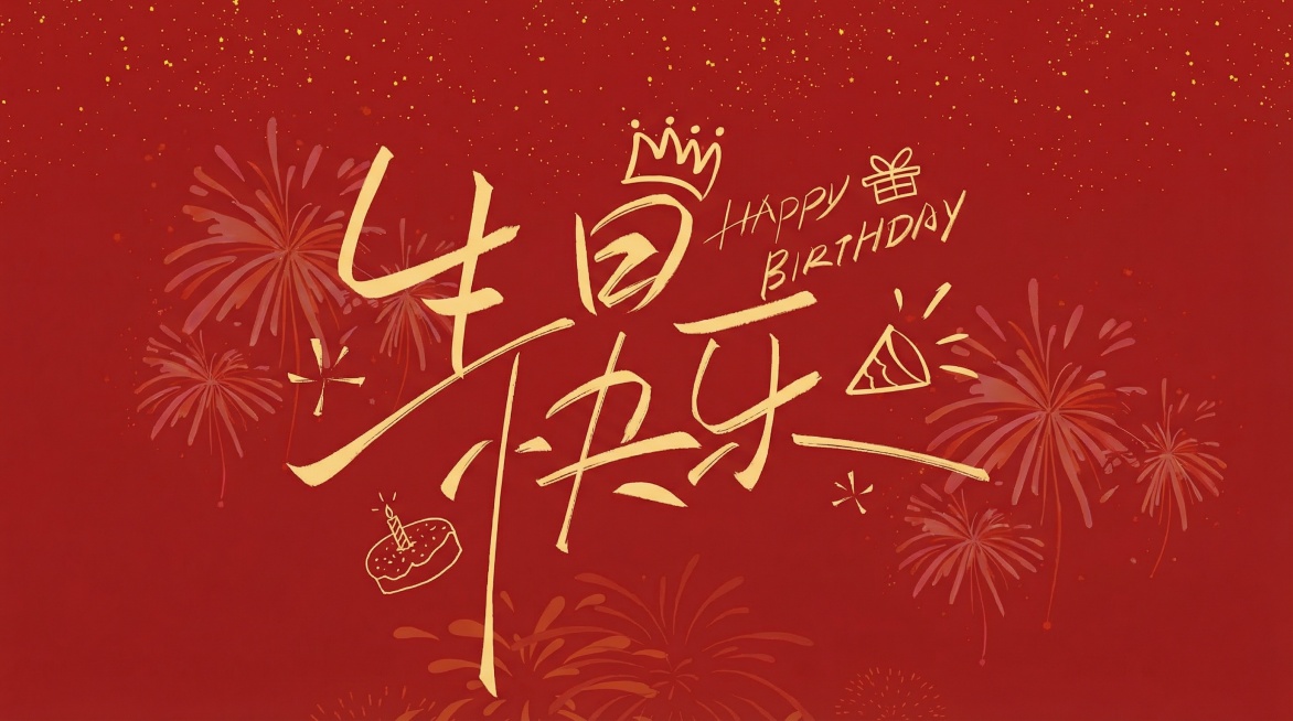 按照参考图风格生成生日快乐的定屏，尺寸16比9，只需要生日快乐四个字和英文预览效果