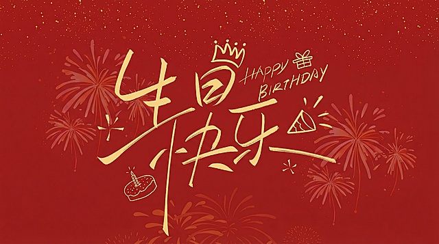 按照参考图风格生成生日快乐的定屏，尺寸16比9，只需要生日快乐四个字和英文