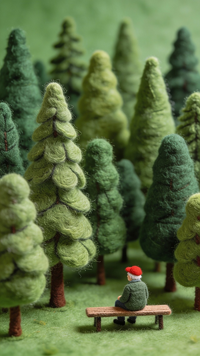 树林场景，高低不同、形状各异的树木，大面积的绿色，极细的线条勾勒，层次感丰富的绿色，肌理细腻，一位戴红色帽子的老人坐在长条凳子上，主次分明，情绪铺垫，毛毡风格