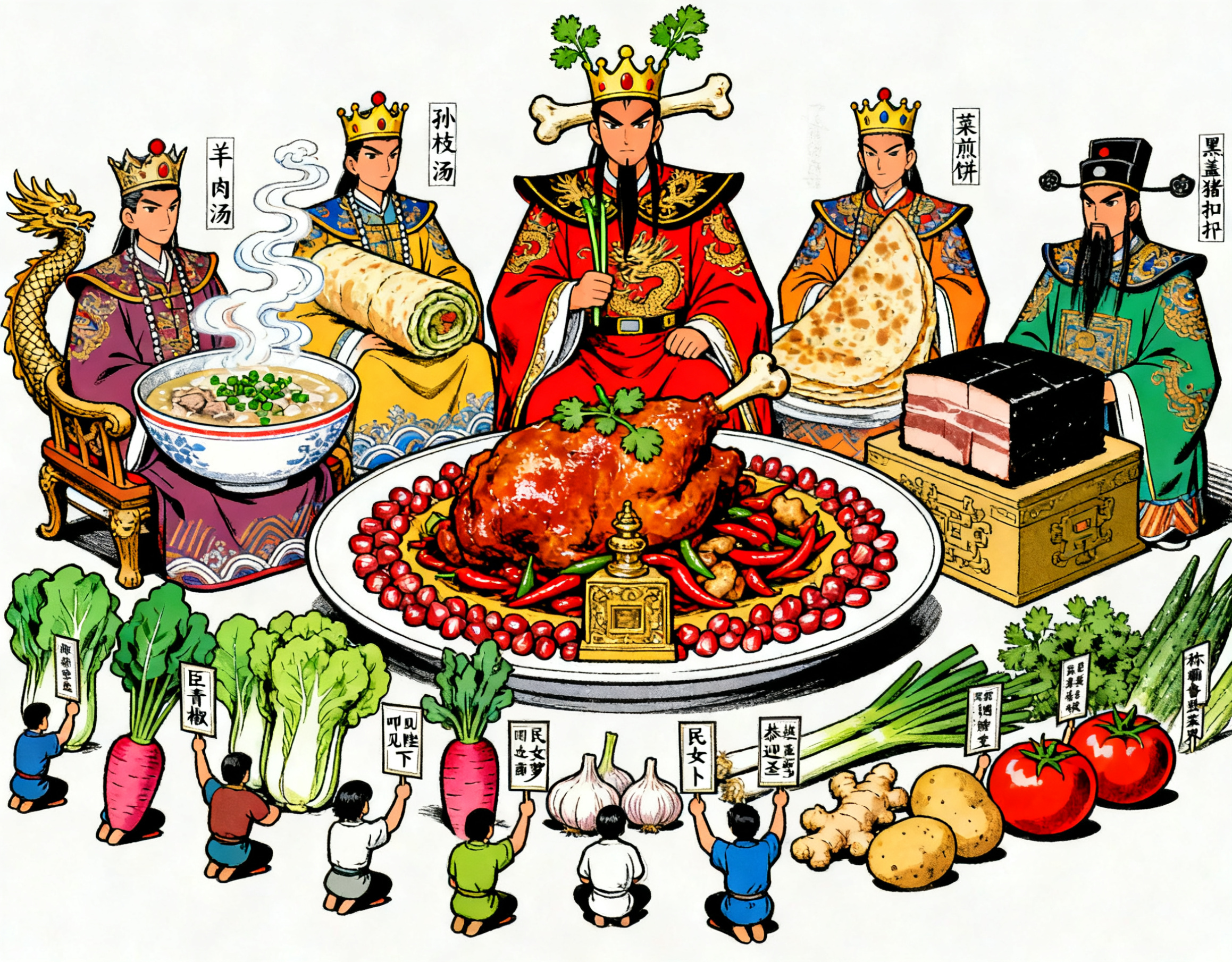 鲁南菜帝王图创意插画，五个菜品化身帝王，最中间是辣子鸡帝王，用… - 图片创意预览