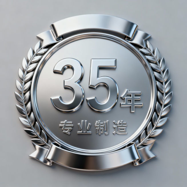 高度写实3D质感的圆形边框银色徽章，经典月桂叶环绕，顶部和底部绶带装饰，对称结构，光滑金属表面有细腻高光和阴影，徽章中间是放大的立体数字“35年”，下面一排小字“专业制造”，纯色背景预览效果