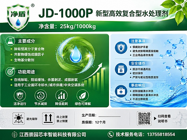 节能降碳风格水处理药剂桶装标签设计，横向版式，深绿色、青蓝色、白色为主色调，环保科技感。顶部左侧净盾盾牌商标logo（绿色盾牌+水滴+净盾字样带注册商标标），右侧大字"JD-1000P 新型高效复合型水处理剂"，下方"净含量：25kg/1000kg"，深绿色渐变背景条，右上角绿叶装饰。中部左侧大面积绿色色块区域：主要成分（除垢型高分子复合物、共聚物缓蚀成膜因子、生物基分散剂）、功能用途（在线除垢、阻垢缓蚀、杀菌剥泥、成膜耐氧 适用于工业循环冷却水/城市供暖/中央空调系统），配水滴循环绿叶图标、上升柱状图装饰，底部四个圆形功能图标（洁净运行、节水减排、降低能耗、绿色可降解）。中部右侧偏右青蓝色色块区域整体右移靠右：注意事项（佩戴防护手套、避免皮肤眼睛直接接触、工业用品请勿食用）、安全储存（阴凉干燥通风处、密封保存、严禁与氧化性物质混存）、事故响应（皮肤接触清水冲洗、眼睛接触大量清水冲洗、不适立即就医），每项配对应图标，右侧水分子水花背景。底部浅灰色功能区：左侧方光照图标+"避光储存"，向上双箭头图标+"向上放置 禁止倒置"；中间位置"生产日期："留空、"质保期：12个月"；右侧二维码占位框+"扫码查看说明书"。最底部深绿色条带：公司名称"江西崇园芯丰智能科技有限公司"，技术服务电话"13755818554"。整体风格清新环保，非危化品，右侧蓝色板块右移靠右，多色块分区，叶片水分子暗纹，排版规整清晰。
