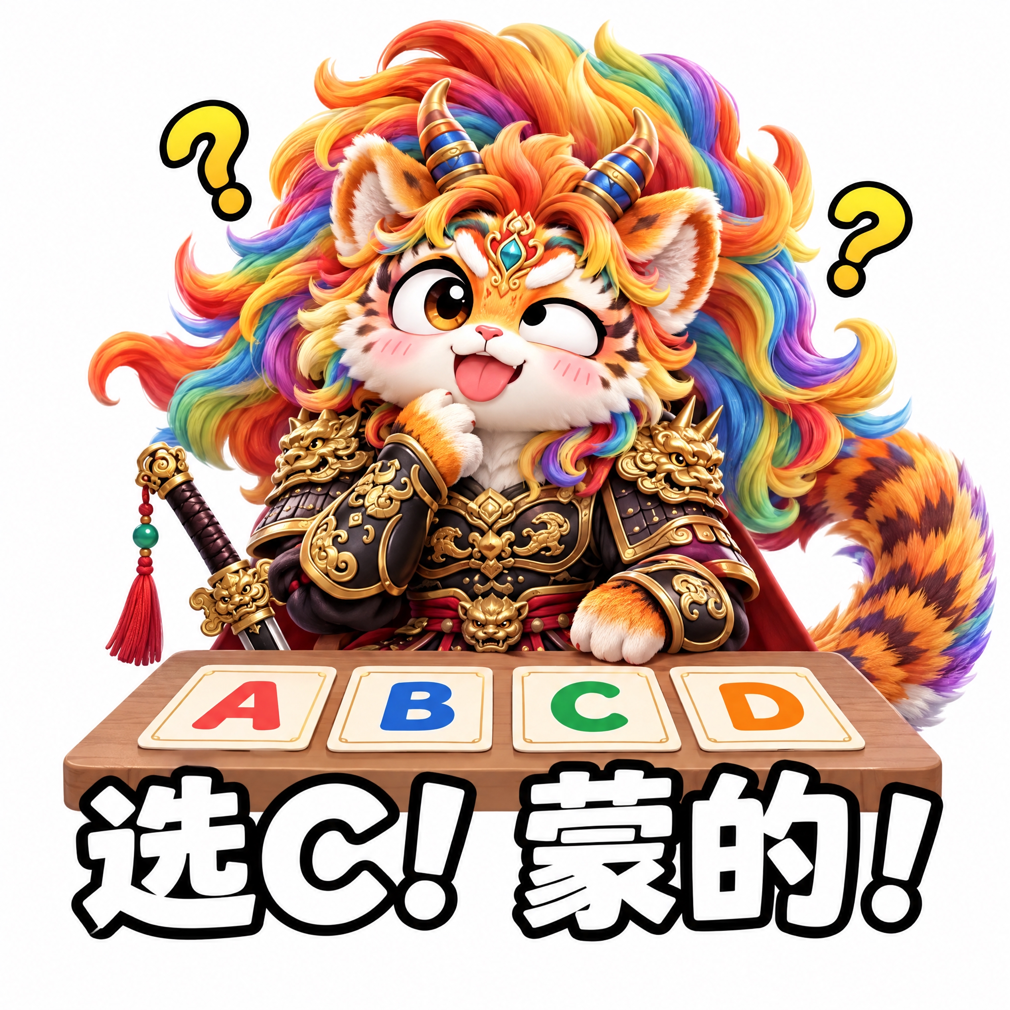 参考图中的彩虹鬃毛虎形神兽（穿黑色铠甲、持剑），做成可爱表情包… - 图片创意预览