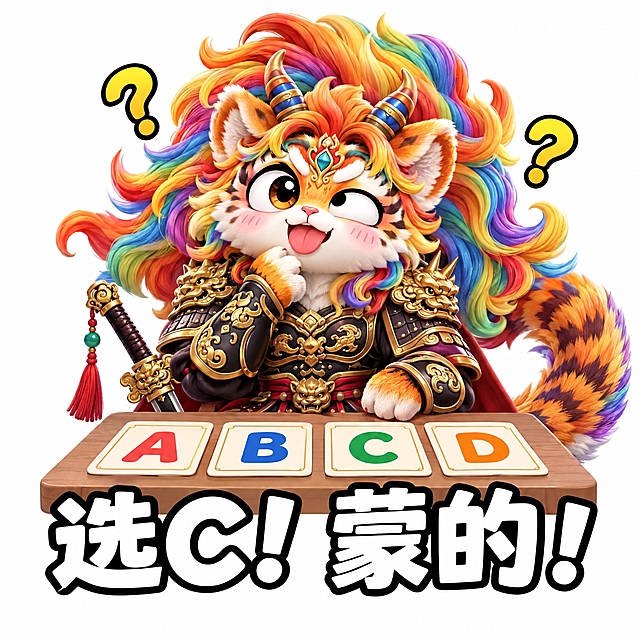 参考图中的彩虹鬃毛虎形神兽（穿黑色铠甲、持剑），做成可爱表情包风格，神兽做出蒙题瞎猜的表情，面前有ABCD选项，下方配白色粗体字带黑色描边："选C！蒙的！"，纯白色背景，3D卡通质感，Q版可爱风格，表情包构图，正方形画面