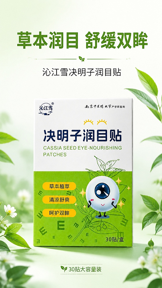 [第1屏] 详情页头图-沁江雪决明子润目贴产品海报。本屏使用【图1】作为商品主体。
[氛围/风格] 清新健康的草本护眼风格，浅绿渐变背景，简约自然，商业摄影质感。
[元素布局] 商品包装盒置于画面中央，占比约65%，保留产品包装原有设计，产品结构、文字、颜色与输入图完全一致；顶部留白做主标题区，底部浅绿渐变背景搭配简约叶片装饰元素；整体元素层次清晰，主体突出。
[光影质感] 正面柔光均匀照明，产品下方自然投影，包装文字清晰可见，整体明亮通透。
[配色色系] 全局底色 #f2f9f0，主色清新绿色，辅助色深蓝标题色，点缀浅黄。
[视角构图] 正面平视视角，产品居中构图，视觉动线从上到下，顶部标题 -> 中间产品 -> 底部装饰。
[文字版式] 顶部主标题「草本润目 舒缓双眸」，副标题「沁江雪决明子润目贴」，主标题加粗绿色，副标题常规黑色，均居中排列，不遮挡产品主体；底部标注「30贴大容量装」小字提示。
[比例分辨率] 宽度1080，高度1920，9:16竖版比例，4K分辨率，文字清晰可辨，高清画质。
[负向提示词] 包装变形，缺件错件，颜色偏差，包装文字错乱，水印，文字过小，背景杂乱