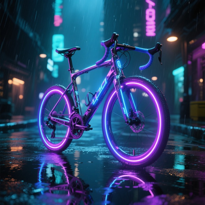 一辆赛博朋克风格的公路自行车，车身由金属和霓虹灯管构成，闪烁着蓝紫色的光芒，车轮边缘有发光的灯带，车把和座椅设计充满未来感，背景是雨夜的城市街道，地面有积水倒映着灯光，整体画面充满科技感和未来主义氛围预览效果