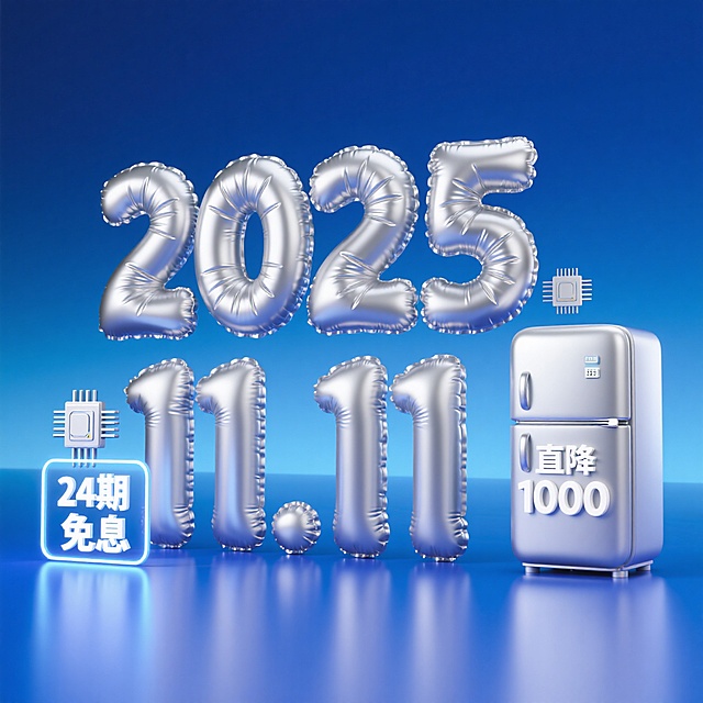 银色充气 “2025.11.11” 数字，搭配冰箱，凸显双 11 家电直降、24 期免息优惠