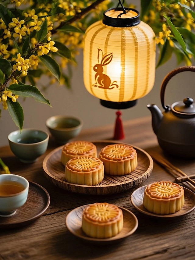 古朴的茶具摆放整齐，茶壶，茶杯，月饼放在在木制纹理碟子。带有兔子花纹的纸灯笼散发暖黄光晕，照亮月饼。茂密的桂花枝