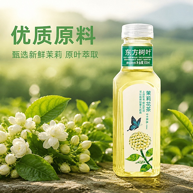 使用电商主图技能按照上面风格再生成8张比例1:1的电商主图，适配平台为淘宝/天猫，商品为「图片1」「图片1」，商品卖点为东方树叶茉莉花茶，原叶萃取 纯正现泡茶味 优质原料，0糖0卡Q脂0香精0防腐剂