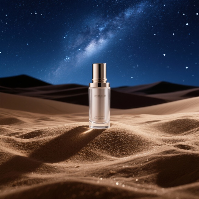 护肤品场景图，一个瓶子放置在沙漠上，沙子很细，是夜间的场景，背后有漫天星空预览效果