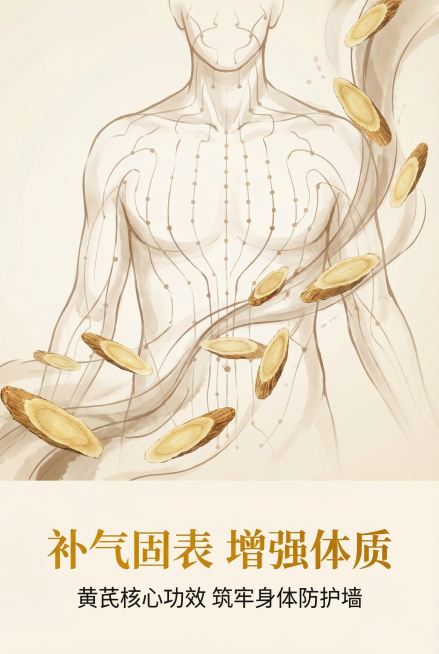 [主图三] 核心卖点-补气固表页，延续轻国风养生风
[氛围风格] 轻国风养生意境，功能可视化设计
[画面元素] 商业设计质感，画面清晰精致。不展示完整罐装产品，画面主体为抽象化的"气血循环"水墨插画，预览效果