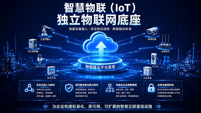 智慧物联（IoT）科技海报，深蓝色科技感背景，中央是发光的物联网云平台底座立体图标，上方有云朵和向上箭头，周围环绕连接工业机器人、PLC控制器、智能传感器、智能仪表、视频设备、边缘网关、充电桩、工业设备等图标，用发光线条连接到中心云底座。下方四个功能模块卡片，分别是多协议接入与解析、高可靠传输与断点续传、终端全生命周期管理、合规与数据转发，每个卡片配有对应图标和说明文字。顶部大标题文字"智慧物联（IoT）"和副标题"独立物联网底座"，底部标语"为企业构建标准化、高可用、可扩展的智能互联基础设施"。整体科技蓝配色，发光效果，未来感，工业物联网风格，高清精致