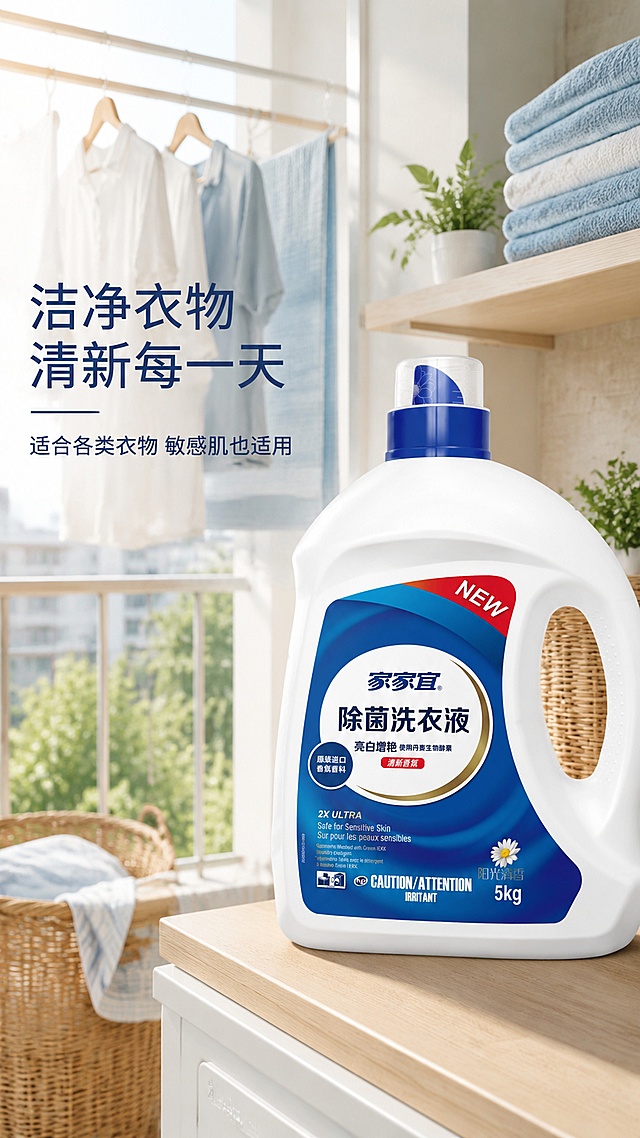 [第4屏] 日常使用场景展示，展示家家宜除菌洗衣液在居家洗衣场景中的应用。本屏使用【图1】作为商品主体。
[氛围/风格] 温馨真实居家场景，自然柔和氛围，生活化摄影质感。
[元素布局] 产品放置在干净的阳台洗衣区台面，背景是整洁的阳台和晾晒的干净衣物，产品居中偏右，占比约50%；左侧自然留白放置文案，整体场景自然舒适，体现洁净生活感受。
[光影质感] 自然柔和日光采光，整体明亮温馨，产品清晰突出，光影自然。
[配色色系] 整体色调柔和干净，背景浅木色+浅蓝布艺，主色保留产品蓝白配色，整体清新自然。
[视角构图] 斜侧视角场景构图，景深自然，产品清晰，场景层次丰富。
[文字版式] 左侧主标题「洁净衣物 清新每一天」，副标题「适合各类衣物 敏感肌也适用」，文字排版自然不遮挡产品主体，清晰可读。
[比例分辨率] 9:16 竖版比例，4K分辨率，文字清晰可辨，高清画质。
[负向提示词] 产品变形，背景杂乱，文字遮挡产品，颜色偏差，水印