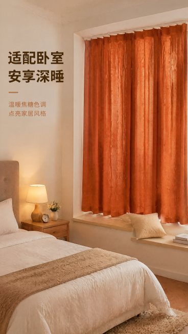[第4屏] 场景展示-卧室整体效果展示。
[氛围/风格] 温馨舒适卧室场景，暖调柔和灯光，真实居家氛围，质感商业摄影。
[元素布局] 焦糖色四片式仿亚麻窗帘安装在卧室飘窗上，占据画面中右侧大部分区域，预览效果