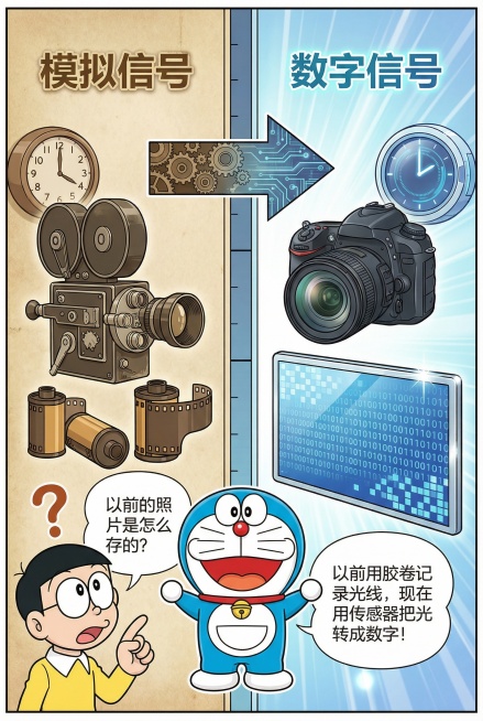 漫画风格，竖屏2:3比例，中文文字。

  场景：时光对比场景，左侧是复古风格的老式相机和胶卷，右侧是现代数码相机。

  角色：
  - 大雄：指着老式相机，表情疑惑提问
  - 哆啦A梦：站在时间预览效果