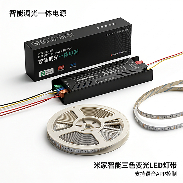 [主图-1] 米家智能三色变光灯带未点亮整体产品展示首图
[氛围风格] 干净电商风，突出产品完整包装
[画质] 商业摄影质感、光线柔和通透、产品清晰真实、画面干净高级
[元素] 保持灯带卷盘、一体电源盒、外包装盒的比例和外观与输入产品图一致，杜绝变形色差。整体系列产品整齐摆放在纯白色背景上，灯带卷盘在前，电源盒和包装盒在后，层次分明，主体占比约70%，满屏无边框
[光影] 柔光均匀布光，产品轮廓清晰，阴影柔和，材质真实
[配色] 纯白色背景，黑色包装盒搭配银灰色灯带，对比清晰
[文字版式] 左上角放置提取的包装原有文字 "智能调光一体电源"，右下角主标题 "米家智能三色变光LED灯带"黑色粗体，下方小字号标注 "支持语音APP控制"，文字排版安全不遮挡
[比例分辨率] 1:1比例，2K分辨率，文字清晰可辨，超高清
[负向提示词] 变形，水印，文字错乱，产品图模糊，背景杂乱