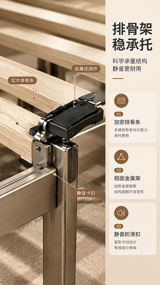 [商品] 使用【图2】排骨架床架结构；保留金属连接件、排骨架木条、黑色塑料卡扣、金属框架的结构与颜色；修复项：增强金属件光泽与木质纹理清晰度，去除图中红色文字水印，不改变排骨架结构比例。
[画面] 目标：深度展示排骨架结构承托与稳固静音优势。构图：左景右文，左侧约2/3为排骨架局部特写场景，右侧约1/3竖列结构卖点。主体：排骨架连接节点特写，占画面约60%，仰视微侧角度。景别：中特写（结构节点）。前中后景：前景金属连接件+卡扣，中景排骨架木条，后景虚化的床底空间+阴影。阅读动线：从左侧结构细节看到工艺，再读右侧结构卖点。
[视觉] 套系策略：风格=意式极简高级商业摄影；标题字=现代无衬线粗体（思源黑体Heavy）；正文字=简洁无衬线体（思源黑体Regular）；主色=暖米白+浅咖色；背景延展=基于暖米白做深浅层级、同色渐变和细腻哑光墙面质感；强调色=深棕铜色，仅用于小面积图标、引线和标签；标题色=深炭灰；正文色=中暖灰；组件=圆角浅底信息卡、细线引线、数字序号胶囊；光影=左前侧暖柔光，补光突出金属与木材质感，明暗层次分明。
[文字] 右侧竖列文案区：主标题「排骨架 稳承托」（7字），副标题「科学承重结构 静音更耐用」（12字），3个结构卖点：「加密排骨条」「稳固金属架」「静音防滑扣」，配小图标；画面中用细线引线标注3处结构：「金属连接件」「实木排骨条」「静音卡扣」。文字不遮挡结构主体。
[规格] 图片比例9:16竖版，4K分辨率，淘宝/天猫移动端适配；避免变形、错字、文字过小、冷蓝背景、结构失真、残留水印文字。