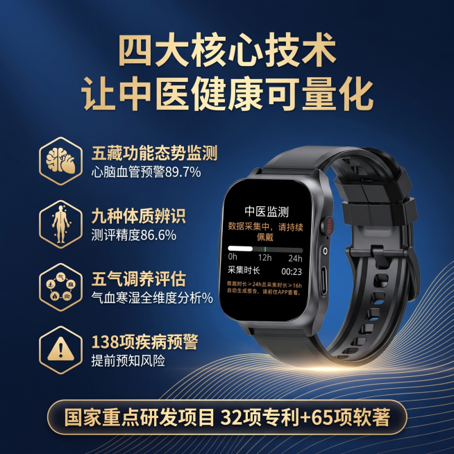 [主图-2] 观九体H1四大核心技术亮点展示图。[画质]商业摄影质感，高清，干净高级。[元素]黑色智能手表主体放置在画面偏右侧，保持产品外观、结构、材质颜色与原图完全一致。背景使用蓝色渐变搭配金色流动预览效果