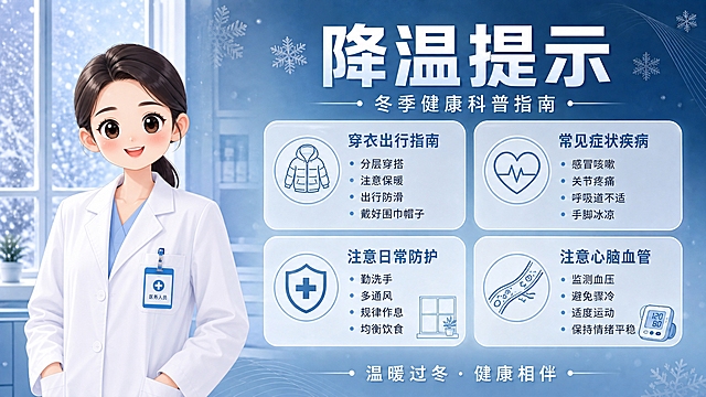 在原有海报的基础上修改：仅将医护人员的脸部改为可爱的卡通形象（圆润Q版风格，大眼睛，柔和的卡通面部线条），医护人员身体仍保持整洁的白大褂、佩戴工牌，着装规范专业。背景、四大板块内容、标题文字、版式布局、冷色调简约风格等其他所有元素均保持不变。整体画面协调统一，卡通脸部与专业身体自然融合，不突兀。