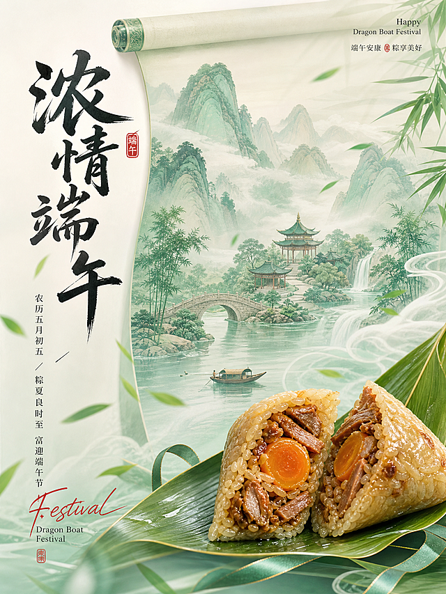 竖版端午节主题海报，新中式国潮青绿山水风格，主色调为薄荷绿+米白，整体清新雅致，8K超写实质感。
主体画面：
- 背景：卷轴形式的青绿山水插画，搭配古风亭台、竹林、小桥流水、轻舟元素，云雾缭绕，仙气十足。
- 前景：一片粽叶上摆放着切开的咸蛋黄肉粽，米粒饱满，馅料清晰可见，粽叶边缘飘着竹叶和青绿色丝带。
文字排版：
- 左侧：大号黑色毛笔书法字体“浓情端午”，旁附红色印章；下方竖排文案“农历五月初五 / 粽夏良时至 富迎端午节”，搭配红色手写英文“Festival”和小字英文“Dragon Boat Festival”。
- 右上角：小字英文“Happy Dragon Boat Festival”及中文标注。
整体风格：新中式国风、青绿山水意境、美食特写结合国风插画、清新雅致、节日氛围感拉满，适合餐饮品牌端午宣传海报。
参考提示词生成四张3：4的端午节海报，要求每张不能一样可以同色系但是内容要完全不一样