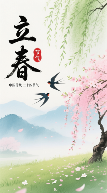 竖版构图，中国风水彩插画风格，清新柔和的春日氛围感，画面通透治愈，色彩淡雅明快。前景：嫩绿的草地，散落粉白色花瓣。右侧主体：盛放的粉色垂枝桃花（或樱花）树，上方搭配嫩绿垂柳枝条（自然垂落，带细腻柳叶纹预览效果