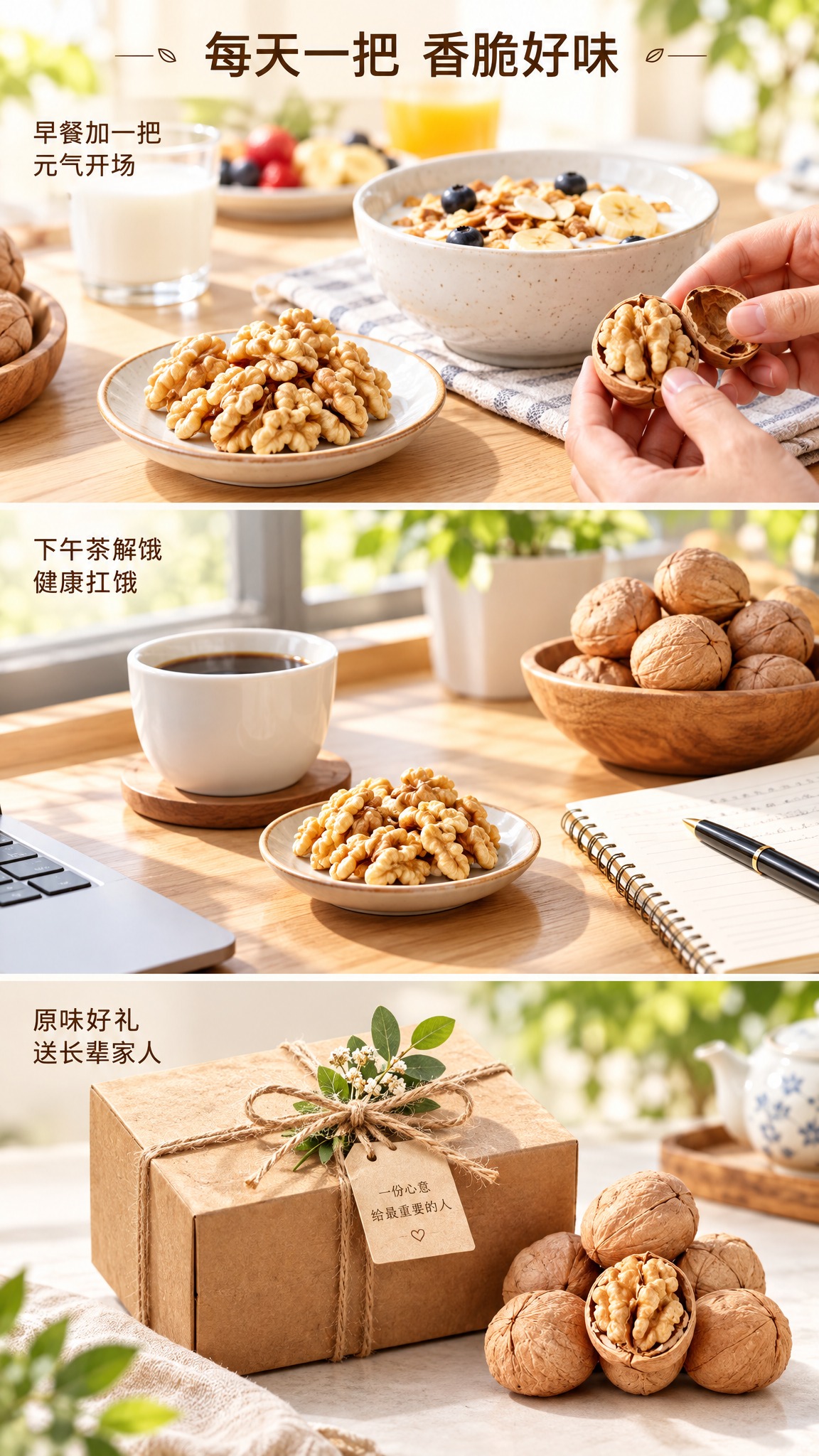 参考图中的薄皮核桃为主角，生成淘宝天猫商品详情页使用场景展示页… - 图片创意预览