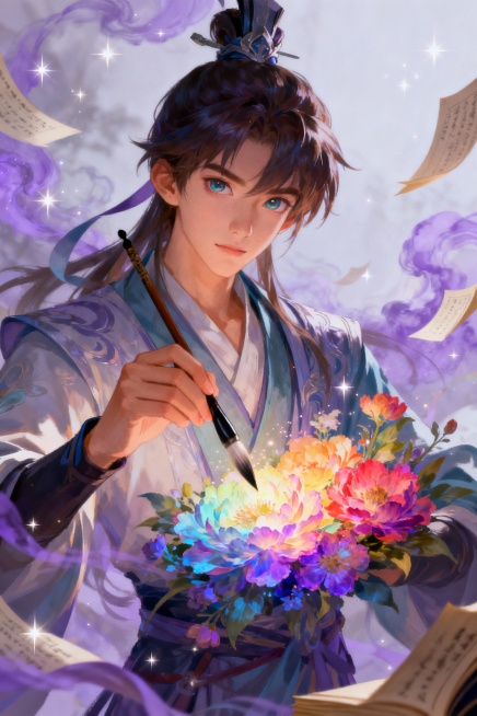 李太白少时，梦所用之笔头上生花，后天才赡逸，名闻天下。根据这个记载画一幅画，要求凸显李白，可以梦幻一点，风格;三国杀厚涂人物立绘风预览效果