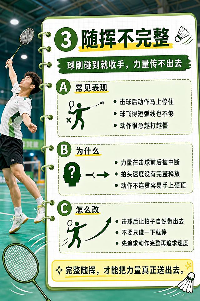 羽毛球高远球教学海报第4张，背景为真实室内羽毛球馆场景，有青春活力的年轻人物在随挥动作中，充满动感。前景为笔记本手账风格白色活页本页面，左侧绿色线圈装订。顶部大号数字「3」配绿色圆形底，主标题「随挥不完整」深绿色粗体大字，下方黄色下划线。副标题绿色笔刷条内写「球刚碰到就收手，力量传不出去」。下方分三个区块：A常见表现、B为什么、C怎么改，每个区块左侧有圆形字母标识，右侧配简笔画示意图。常见表现内容：击球后动作马上停住、球飞得短弧线也不够、动作很急越打越僵。为什么内容：力量在击球前后被中断、拍头速度没有完整释放、动作不连贯容易手上硬顶。怎么改内容：击球后让拍子自然带出去、不要只碰一下就停、先追求动作完整再追求速度。底部黄色圆角框写「完整随挥，才能把力量真正送出去。」。整体绿色清新配色，青春运动风，版式精美，所有文字清晰可读。