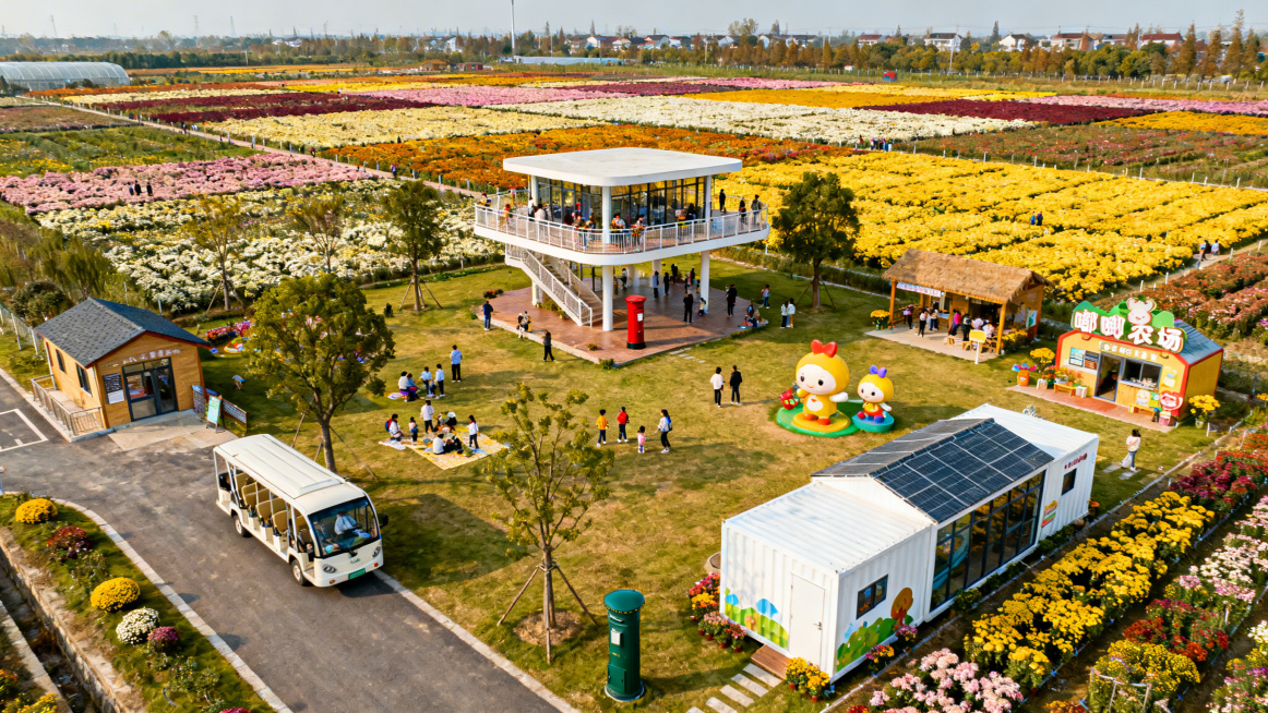 400亩四季花海生产基地全景，分布着8个不同功能的驿站：100㎡的入口换乘驿站，提供行李寄存、观光车调度；350㎡的全景台核心驿站，双层观景平台、花海邮筒，云端花海打卡地标；180㎡的生态体验驿站，林预览效果