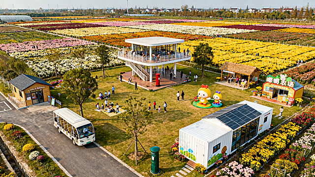 400亩四季花海生产基地全景，分布着8个不同功能的驿站：100㎡的入口换乘驿站，提供行李寄存、观光车调度；350㎡的全景台核心驿站，双层观景平台、花海邮筒，云端花海打卡地标；180㎡的生态体验驿站，林下空间开展亲子活动；120㎡的花卉加工体验驿站、140㎡的科技农业展示驿站，由原中学、菊花加工厂改造；200㎡的嘟嘟农场农事驿站、150㎡的嘟嘟乐园游乐驿站，服务亲子客群；120㎡的智能温室展示驿站，展示零碳技术与反季节栽培。建筑多为存量资产改造，新建为可移动装配式建筑，符合点状供地政策，整体自然和谐，充满田园野趣。