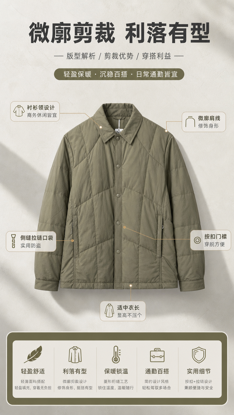 [商品] 使用【图1】橄榄绿男士轻薄衬衫领羽绒服；商品处理：保… - 图片创意预览