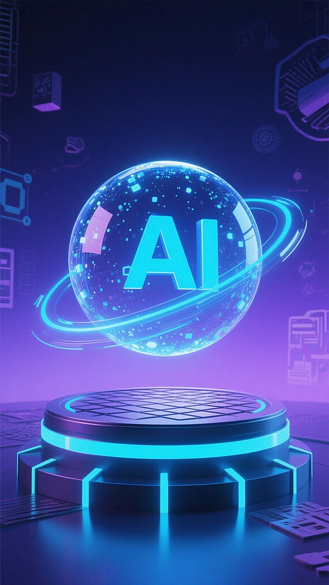 3D渲染风格的科技感智能主题海报，深邃的蓝紫色渐变背景，中央悬浮着由发光粒子和蓝色光线构成的半透明球体，球体内部有立体的“AI”字样，球体周围环绕着流动的蓝色光带，下方是带有几何纹路和发光灯带的圆形平台，平台底部有向上的蓝色光束投射，背景中分布着抽象的科技图标元素，整体呈现出未来感和神秘感的氛围，光线明亮且聚焦，色彩和谐统一，具有强烈的视觉冲击力和层次感。