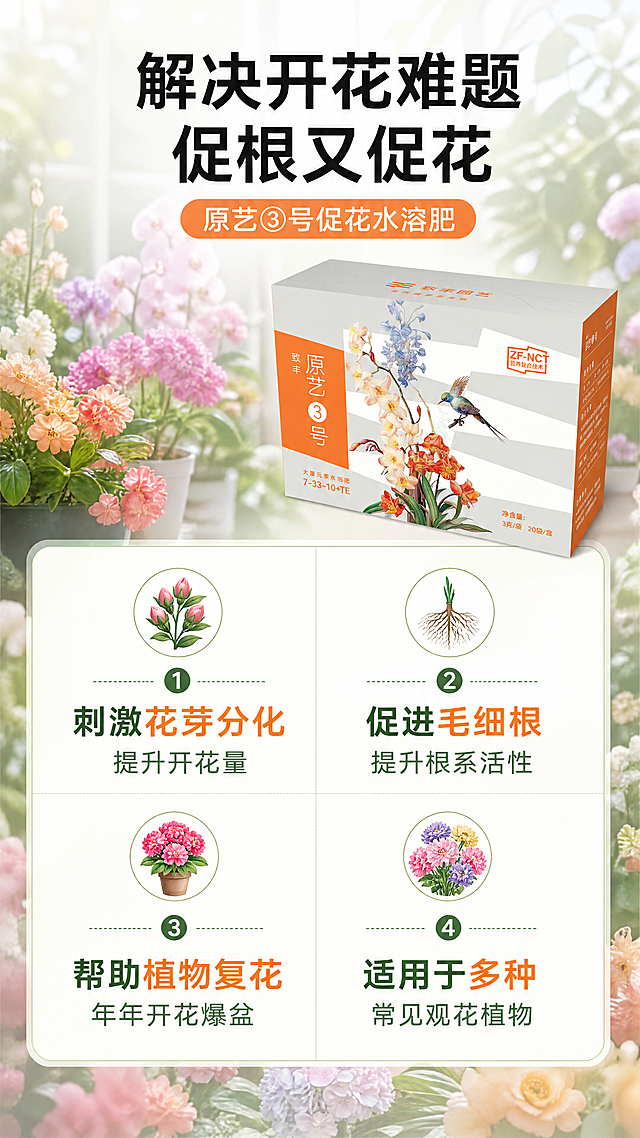 [第3屏] 主要功能卖点展示，原艺③号促花水溶肥解决开花难题。
[氛围/风格] 自然清新园艺风，真实花卉场景，柔和治愈的视觉感受。
[元素布局] 背景使用盛开的多彩花卉实景作为底图，降低透明度突出前景文案。产品包装盒放置在画面右上区域，保持包装外观、文字和颜色与输入图一致，占据画面约30%区域。下方分四个功能点排列，每个点搭配花卉小图标。
[光影质感] 整体光线柔和均匀，前景文字和产品清晰明亮，背景花卉模糊虚化突出主体，层次分明。
[配色色系] 全局背景：柔焦花卉实景；底色半透明白色叠加；主体文字：深绿色+橙色高亮；产品保持原有配色不变。
[视角构图] 竖版分层构图，顶部标题，右上产品，下方四宫格排列功能卖点，适合移动端逐条阅读。
[文字版式] 顶部主标题「解决开花难题 促根又促花」，黑色加粗居中。下方四宫格四个卖点：
1️⃣ 刺激花芽分化 提升开花量
2️⃣ 促进毛细根 提升根系活性
3️⃣ 帮助植物复花 年年开花爆盆
4️⃣ 适用于多种常见观花植物
每个卖点搭配小图标，文字清晰，字号适合手机阅读，不拥挤。
[比例分辨率] 9:16竖版比例，4K分辨率，文字清晰可辨，超高清。
[负向提示词] 产品变形，文字模糊，文字错乱，颜色偏差，花卉场景杂乱，违规表达，水印。