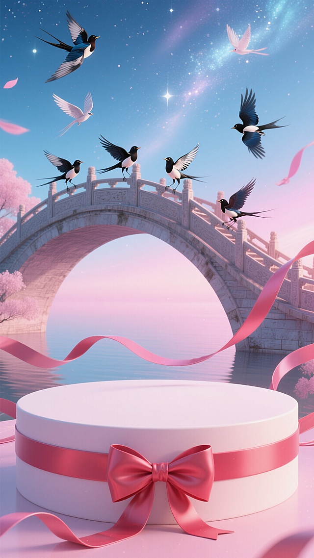 😍粉白展台七夕风，鹊桥喜鹊梦幻景🎇