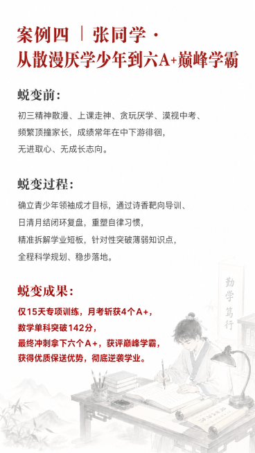 H5第八页蜕变案例，古风书香水墨意境风格，整体庄重教育高级简约，背景为学霸书桌专注学习少年冲刺勤学奋进，透明度80%，低饱和度，不遮挡文字，纯白色底色，标题朱砂红，痛点灰色，成果红字加粗，文字全文："预览效果