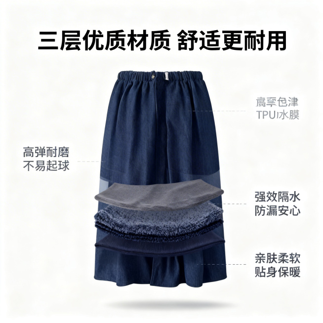 基于垫图生成藏青色老年人防漏隔尿裙材质分层展示图，风格简约清晰，干净专业。隔尿裙做悬浮分层拆解效果，从外到内依次展示三层材质：最外层高弹牛津布，中间层TPU防水膜，最内层摇粒绒，每层之间有小间隙，分别预览效果