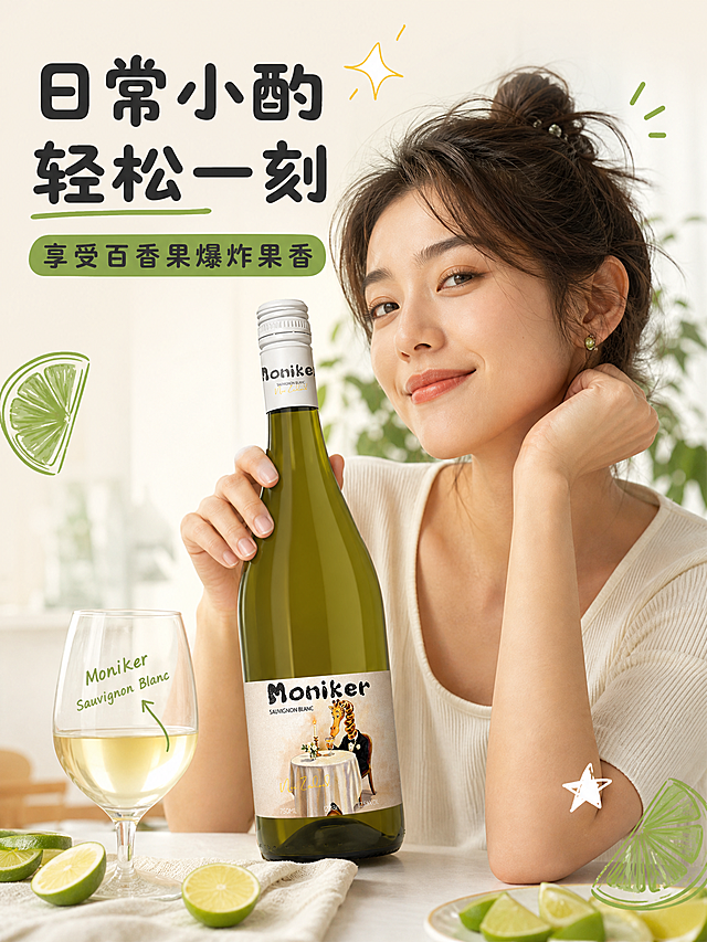 参考图片风格，重新生成画面内容「图片1」请使用电商详情页技能「图片1」此图为该产品的精修图：屏幕1：首屏海报
Moniker | 怪名字
新西兰长相思干型白葡萄酒

马尔堡的晚风吹来，“鹿先森”被百香果香味炸弹和长相思明亮的酸度优雅绕脖，嗝er～
这款酒格是ISTP。

新西兰·马尔堡 | 12.5%vol | 750ml

屏幕2：风味与酒格
水果炸弹 · ISTP的味觉逻辑

风味关键词
百香果、青柠、葡萄柚、柠檬皮、青苹果

风格
干型 · 酸度明亮紧致 · 香气奔放 · 酒体轻盈
核心是百香果 + 青椒草本 + 清爽矿物感，被称为“水果炸弹”，风格鲜明、辨识度极高。

酒格ISTP
冷静、直接、不废话。
就像它一入口就炸开的果香，和利落紧致的酸度，理性又炸裂。

屏幕3：产区与品种
世界尽头的长相思黄金产区

马尔堡
新西兰南岛东北角，冷凉干燥，日照极长，昼夜温差巨大，砾石土排水极强——
为长相思而生的风土。

长相思，多变cos女王
新西兰奔放、法国清雅、智利甜润、南非均衡、美国醇厚。
这一杯，就是新西兰的飒爽奔放派。

屏幕4：配餐灵感
饭搭子，百无禁忌

红烧海鲜 · 清蒸所有
各种奶酪 · 粤菜鲁菜
不配菜纯饮，也完全撑得住场子。
水果炸弹单喝，就是一场味觉派对。

屏幕5：饮用指南
冰透，再慢慢感受

冰镇45分钟以上，彻底冰透再开瓶。
随着温度变化，百香果、青柠、矿物感层层释放，像连环香味炸弹。
建议3天内饮完，抓住最鲜活的那一口。
适饮温度：7-10℃

屏幕6：酒款档案卡
Moniker 怪名字
新西兰长相思干型白葡萄酒

国家：新西兰
产区：马尔堡
品种：长相思
类型：干型
酒精度：12.5%vol
净含量：750ml
适饮温度：7-10℃
风格标签：水果炸弹 · 百香果青椒草本 · 矿物感 · 酸度明亮紧致