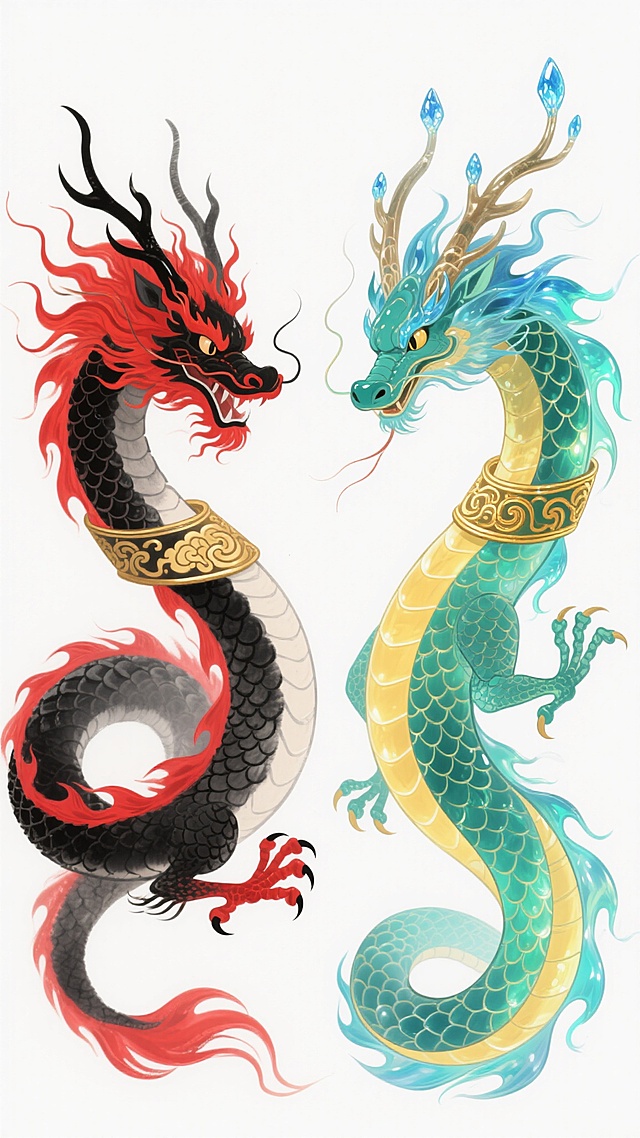 系列素材集合，规整排布于白色背景上，包含两个完全不同造型的东方神话风格神龙。左侧神龙采用中国传统水墨风格，通体呈朱红与墨黑渐变，龙角峥嵘，鳞片以浓淡不一的墨色勾勒，火焰状鬃毛与尾部呈鲜艳的朱砂红，龙爪锋利，身体呈盘旋上升姿态，颈部佩戴金色云纹项圈；右侧神龙为祥瑞琉璃风格，整体以青翠与明黄为主色调，鳞片如琉璃般半透明并带有金色光泽，鬃毛与尾部呈流动的青色火焰状，龙角饰有水晶般的蓝色纹路，身体呈S形蜿蜒，姿态更为舒展飘逸，颈部同样佩戴金色项圈但纹饰为回纹样式。两者均保持东方神龙的核心元素：蛇身、兽爪、鹿角、虾眼，风格统一为精致的插画风格，线条流畅，细节丰富，光影表现细腻，整体构图平衡对称，形成既统一又各具特色的系列感。