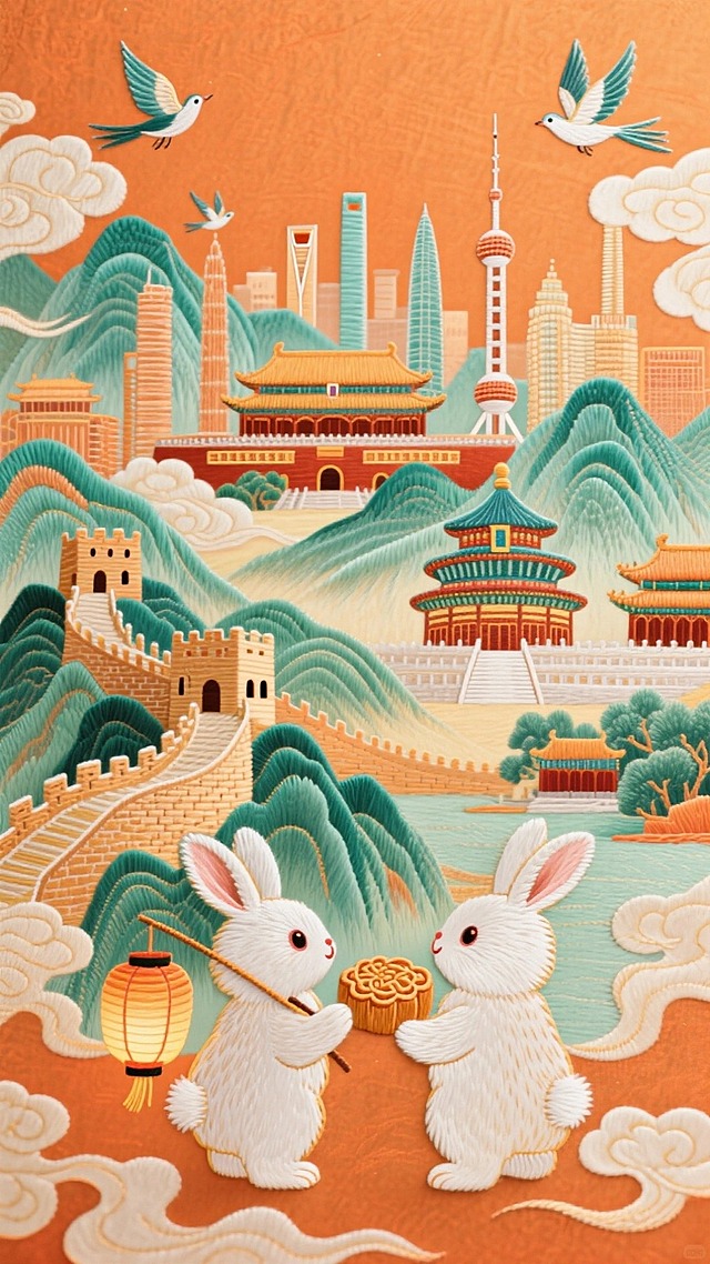 画面底部2只小兔子拿着（一个拿着灯笼、一个拿着月饼）的背影，中景有祖国山水和国家标志性建筑（天坛、长城、故宫、东方明珠等））四周有和平鸽、祥云环绕，暖橙粉金为主色调（青绿点缀），背景有国家地标建筑群，画面有序和谐干净